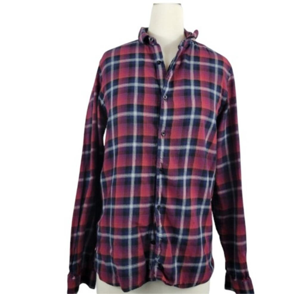 The Kooples Fitted Plaid Button Up Shirt Long Sleeve Cotton Red Blue Small